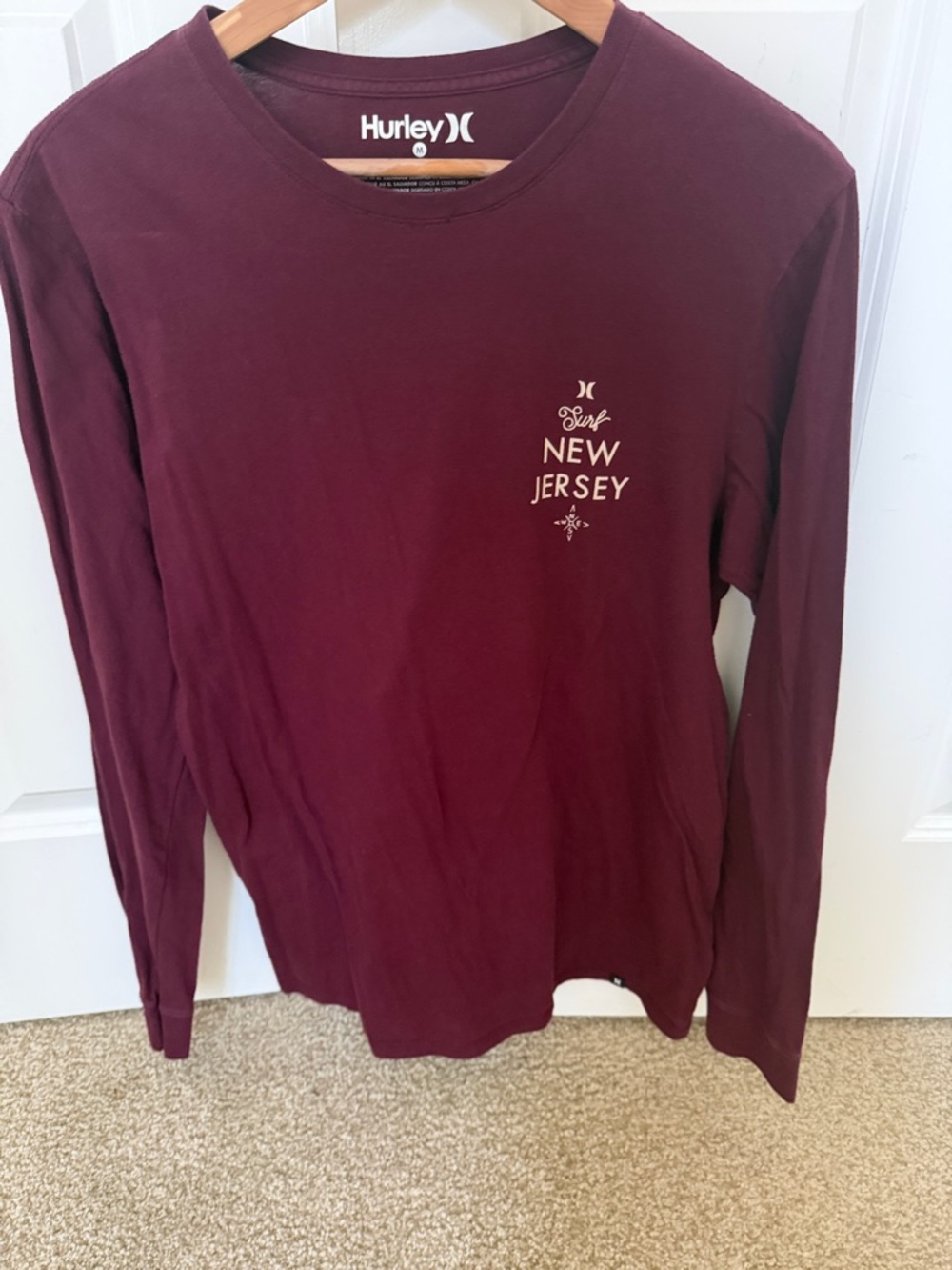 Hurley Maroon Long Sleeve Tee with New Jersey Graphic